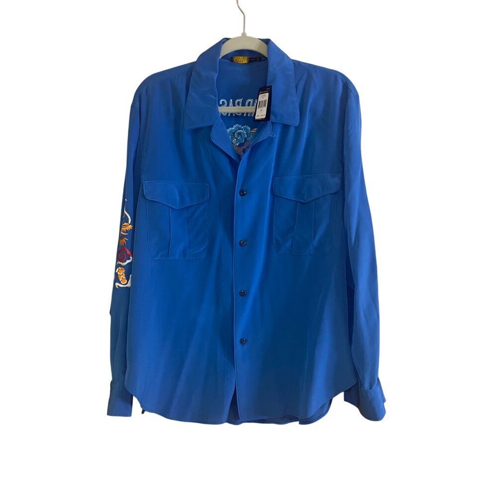 Polo Ralph Lauren Womens Shirt Size L Blue Embroidered Button Up Collared New